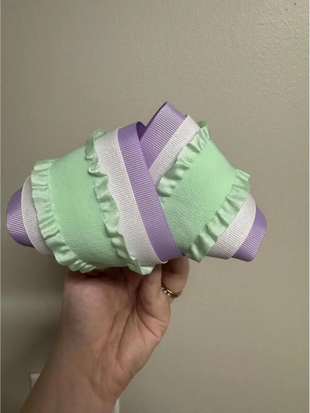 Mint Green Purple & White Ruffle Hair Bow | 5.5 Inch Stiffened Boutique Bow |